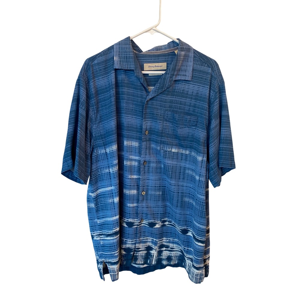 Tommy Bahama Mens Large 100% Silk Short Sleeve Button Up Shirt Original Fit Blue